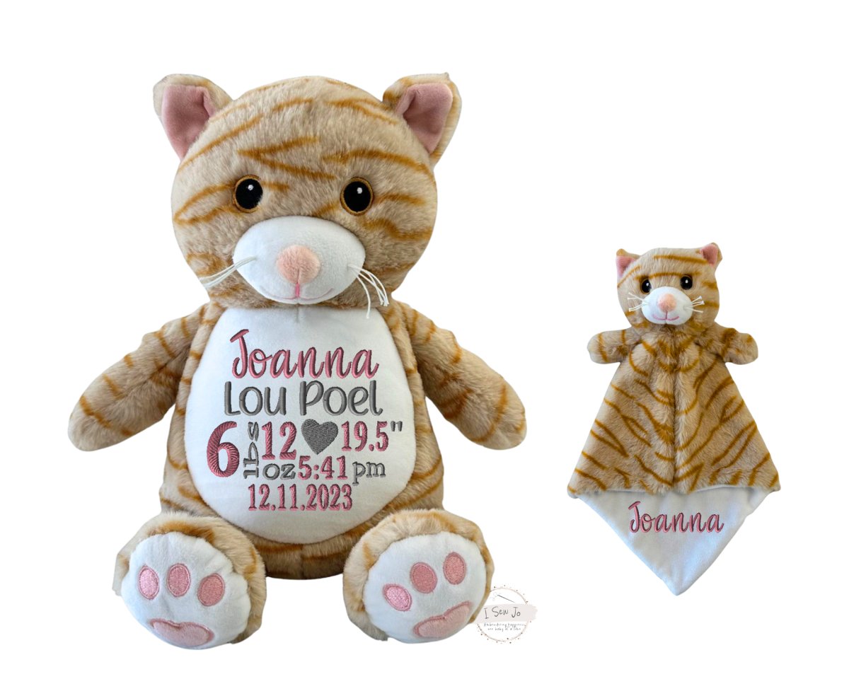 Personalized Kitty Cat Birth Stat Stuffed Animal & LoveyI Sew Jo