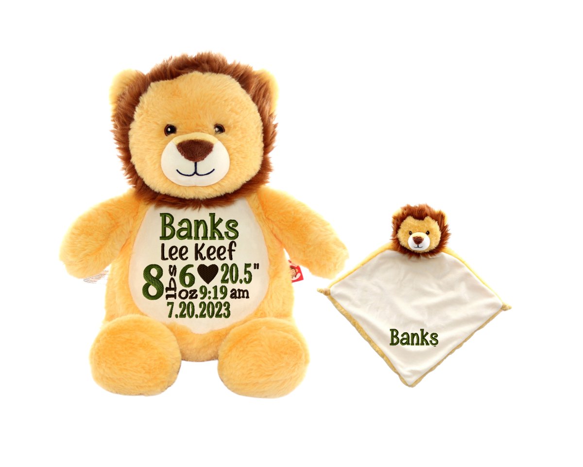 Personalized Baby Lion Birth Stat Stuffed Animal Lovey SetI Sew Jo