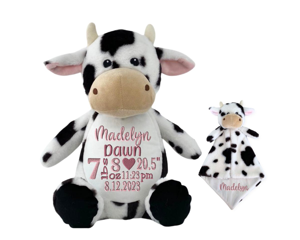 Personalized Birth Stat Cow Stuffed Animal SetLITTLE ELSKA