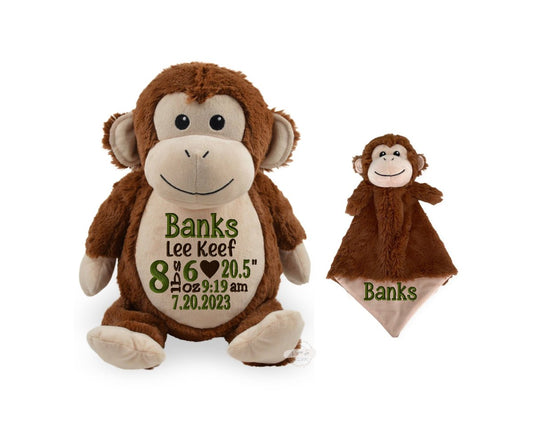 Personalized Birth Stat Monkey Stuffed Animal Lovey SetLITTLE ELSKA